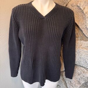 Vintage 80s 90s Express Tricot Black Ribbed V-Neck Long Sleeve Sweater Top